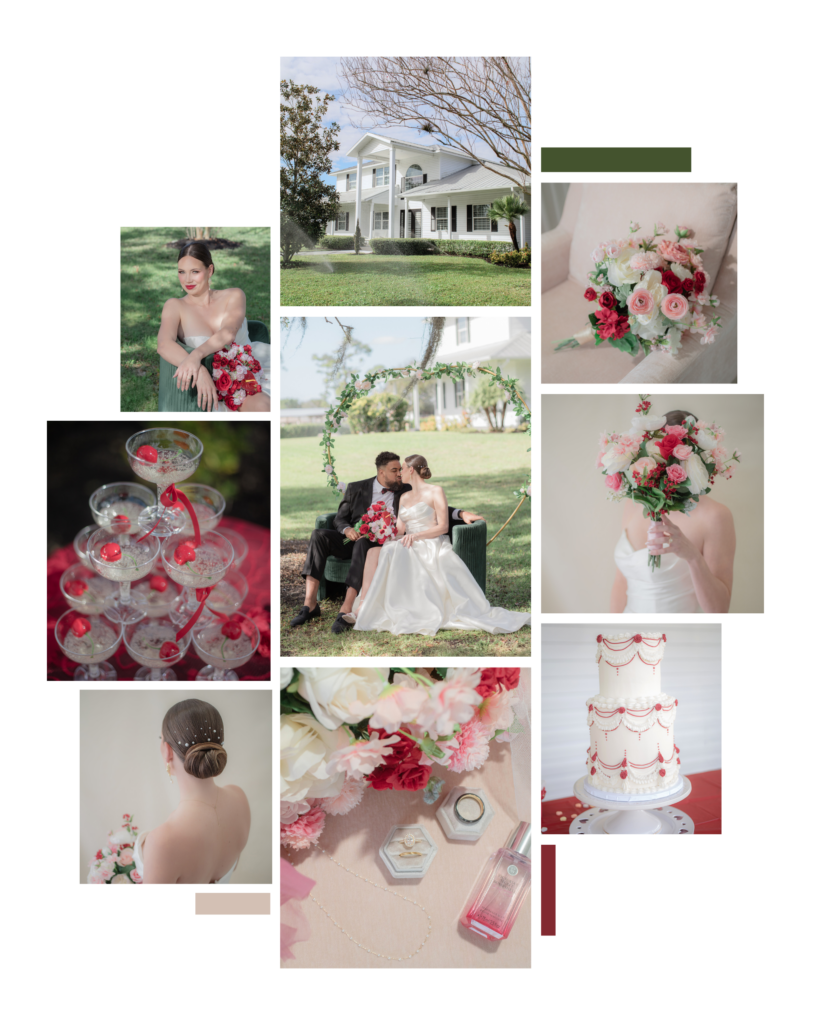 A red and pink wedding theme with an editorial and documentary approach.