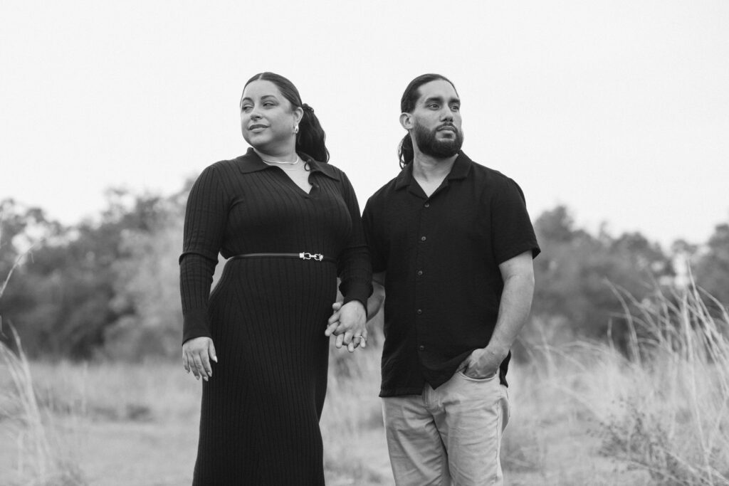 Fort Myers Engagement: Dramatic black and white of the couple standing side by side. 