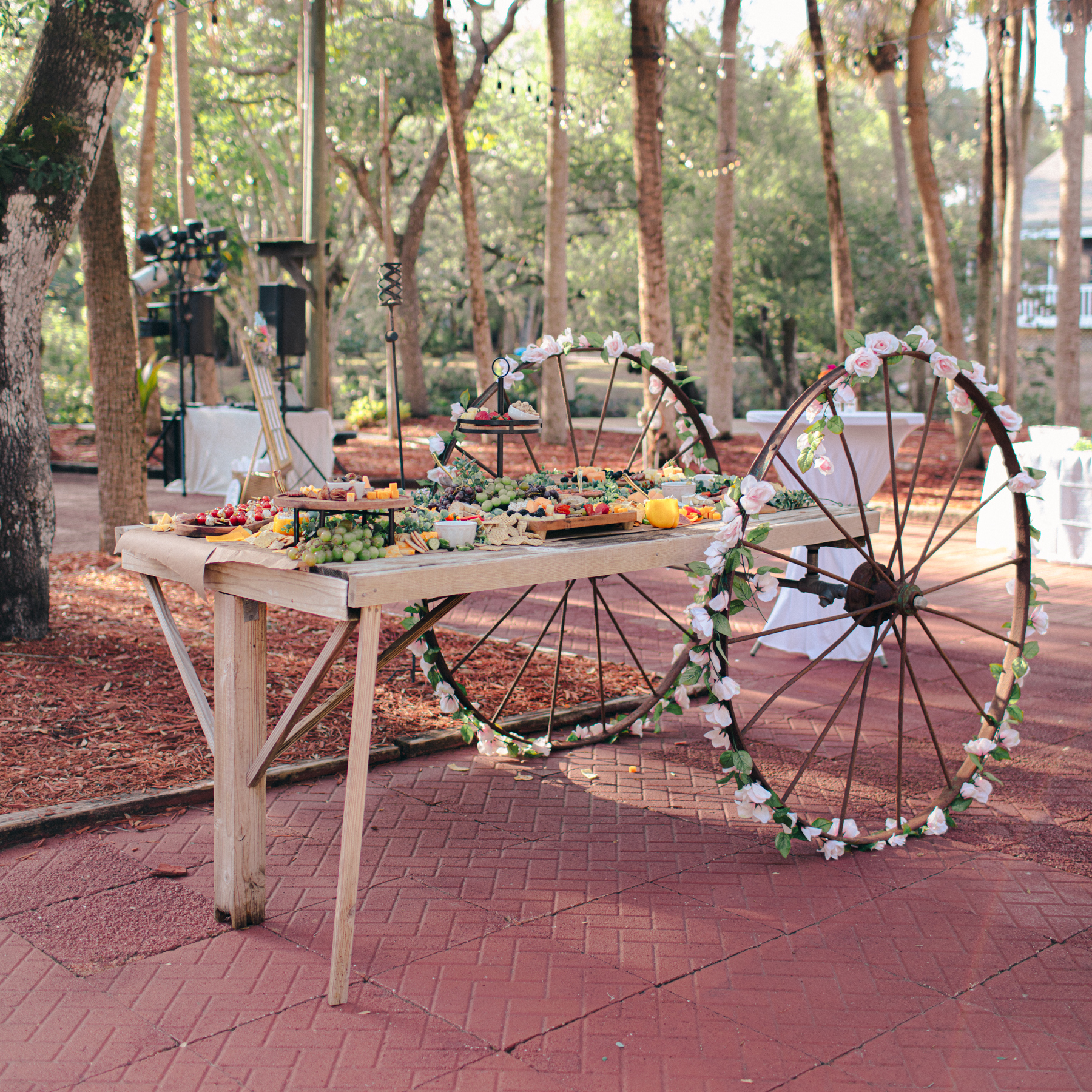 This image is of a large grazing table with finger snacks; fruits, crackers and spreads.